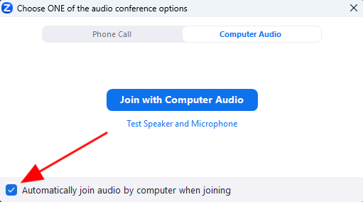 Arrow pointing at checkbox "Automatically join audio by computer when joining a meeting"