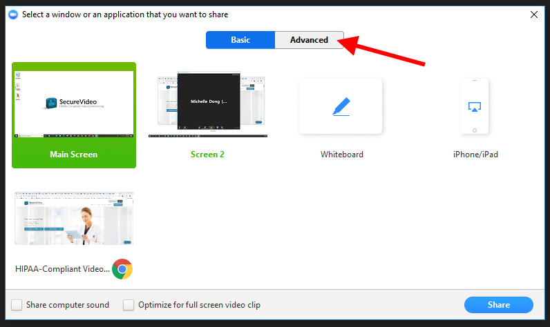 "Advanced" tab on the Share Screen prompt