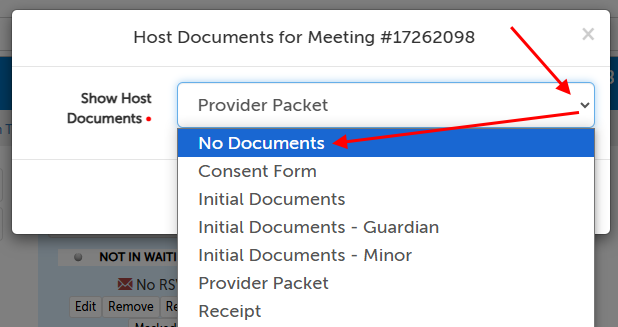 Arrow pointing at the drop down menu arrow, and the No Documents packet name