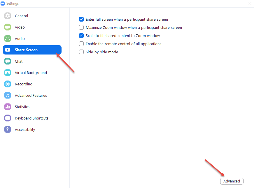 share screen then advanced